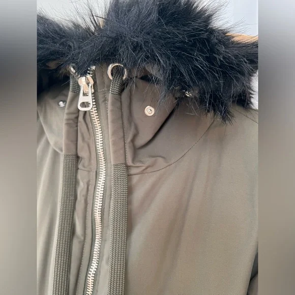 Zara Basic Olive Parka with Black Faux Fur Hood. Size S - Picture 4 of 12